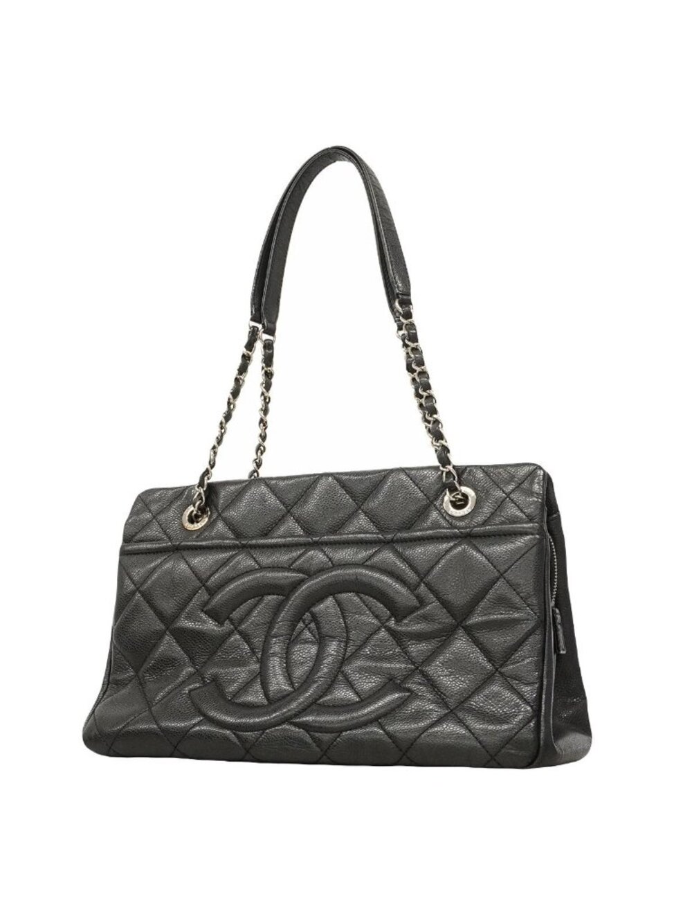 Chanel Chain Tote Bag Quilted Caviar Leather Black Silver